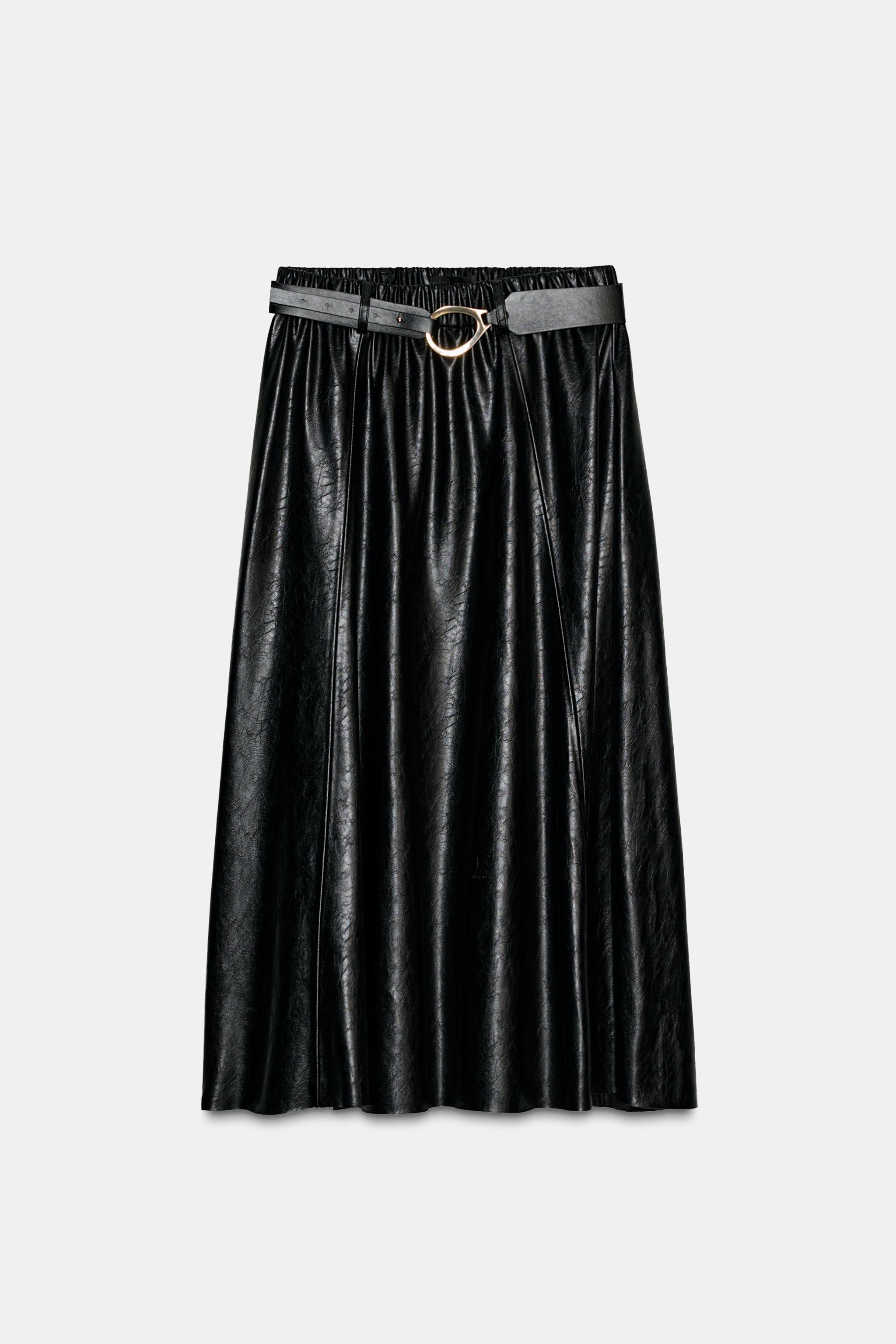 FAUX LEATHER LAYERED BELTED MIDI SKIRT